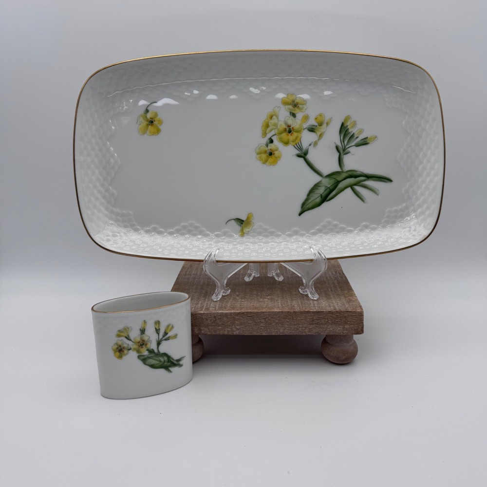 Bing Grondahl B&G Denmark Yellow Flower Porcelain Tray and Toothpick Holder Set